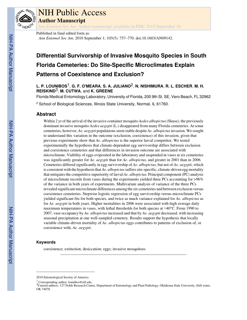 Differential Survivorship Of Invasive Mosquito Species In South Florida