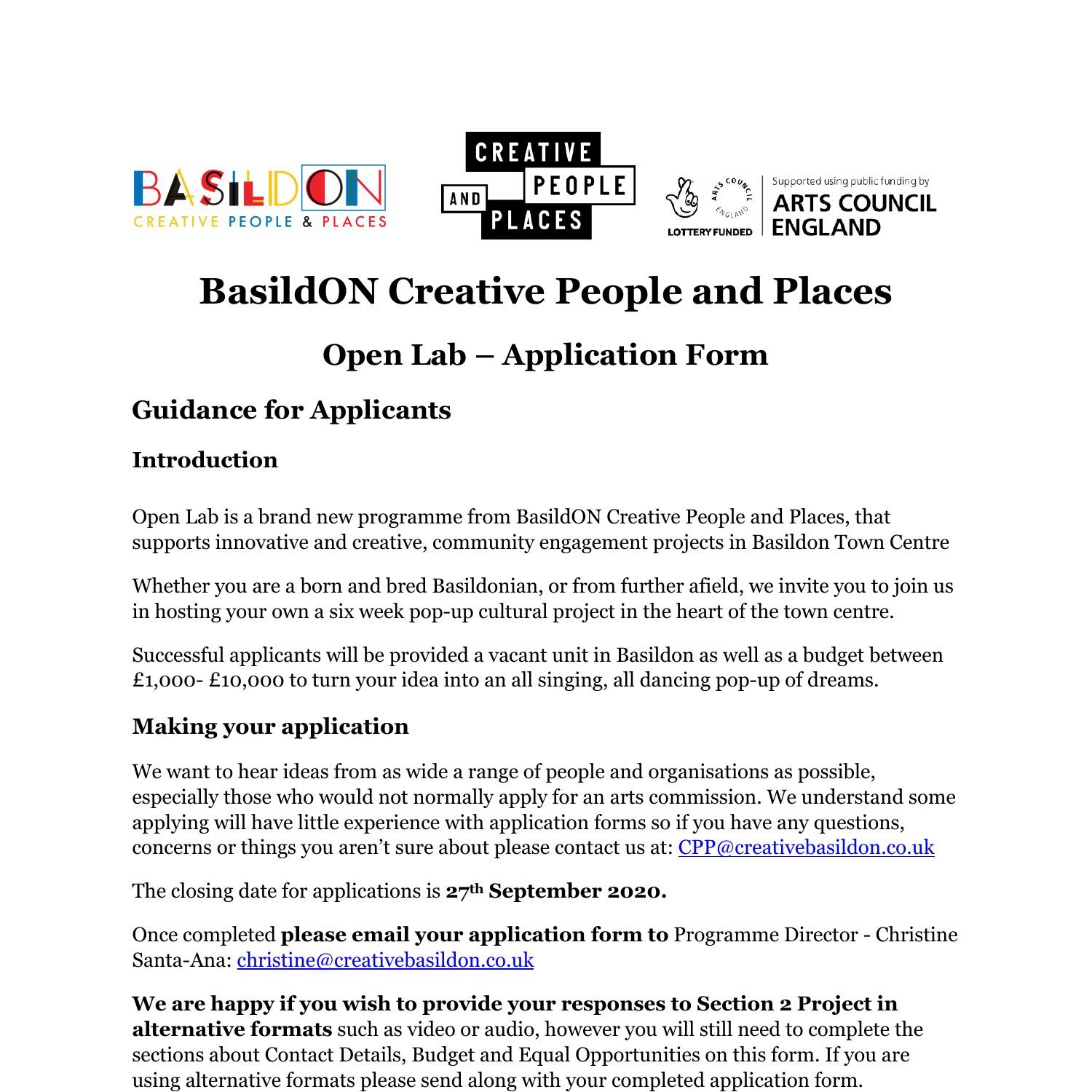 Open Lab Application Form Basildon Creative People Amp Places Pdf