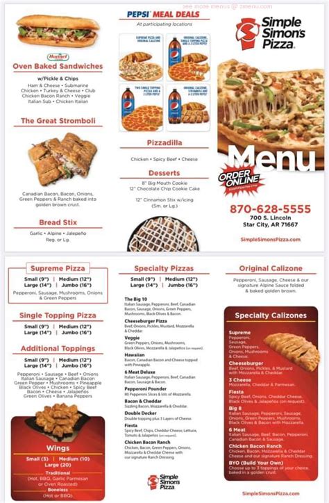 Simple Simon's Pizza Yale Menu