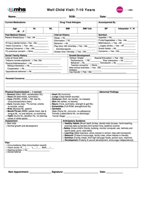 Well Child Visit Form 7 10 Years Printable Pdf Download