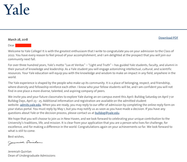 Yale Acceptance Letter